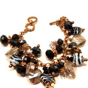 Vintage Sparkle Bead, Stripe Heart, Fleur-De-li Gold Chain Bracelet